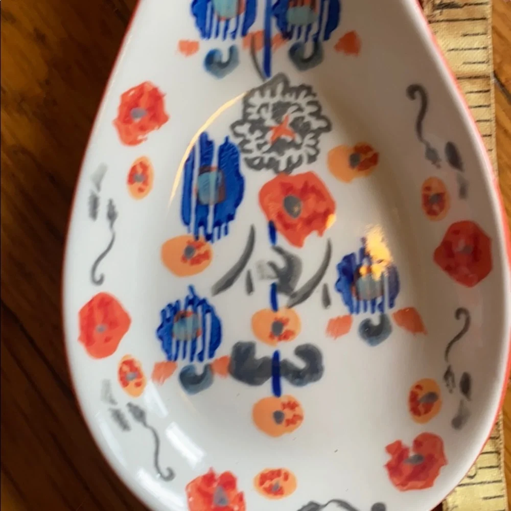 Anthropologie White Ceramic Floral Spoon Rest with Blue and Orange Accents